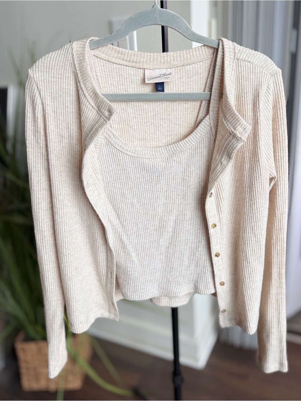 Universal Thread Cream Ribbed Tank & Button-Front Cardigan Set